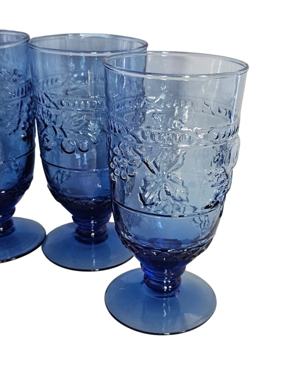 4 Mikasa Garden Harvest Blue Ice Tea Glasses 6.2" cobalt raised relief fruit ice - Picture 2 of 5